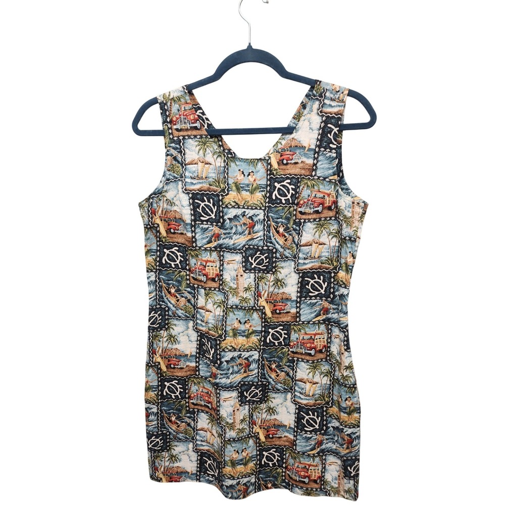 Evergreen Island Womens‎ Hawaiian Postcard Print Dress Made in Hawaii Cotton M
